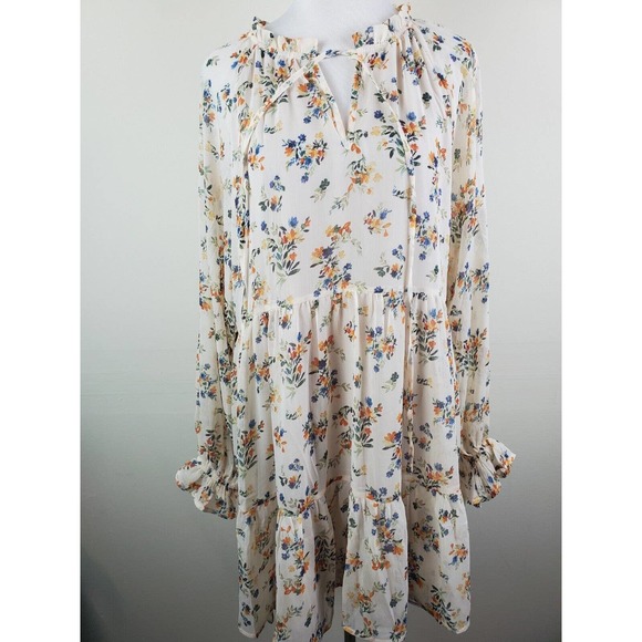 Vici Dress Large Women Long‎ Sleeve Boho Floral Swing Ivory Tiered Ruffle Neck - Picture 4 of 13